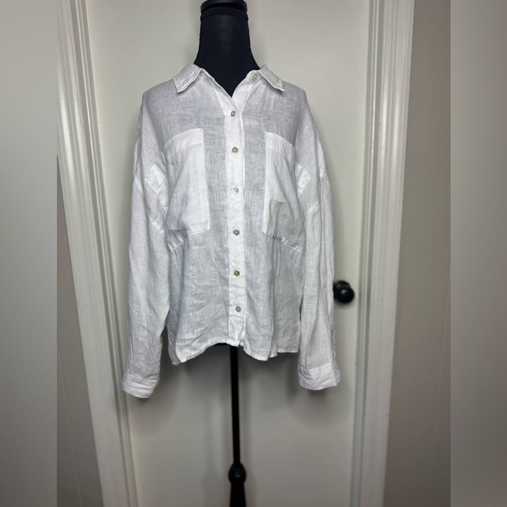 Cynthia Rowley 100 % Linen White Long Sleeve Button Down Shirt Size XL